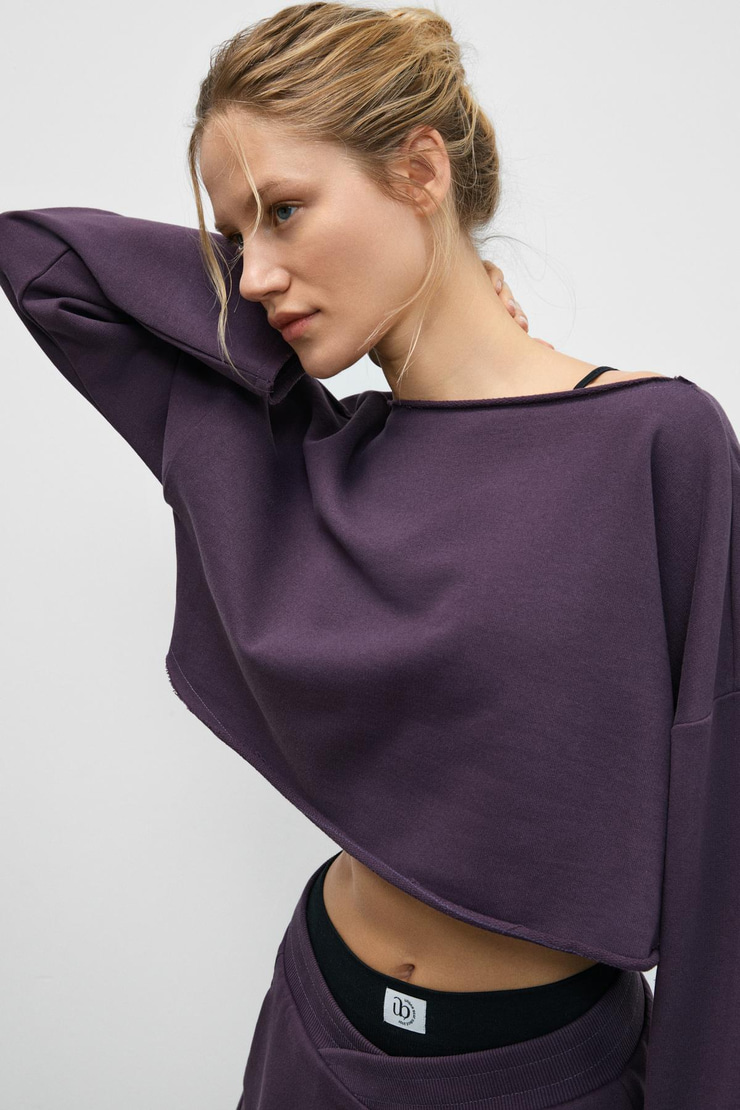 CYBELE Kadın Kayık Yakalı Oversize Uzun Kollu Mor Sweatshirt