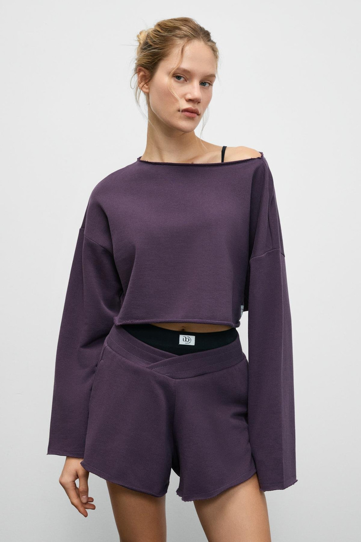 CYBELE Kadın Kayık Yakalı Oversize Uzun Kollu Mor Sweatshirt