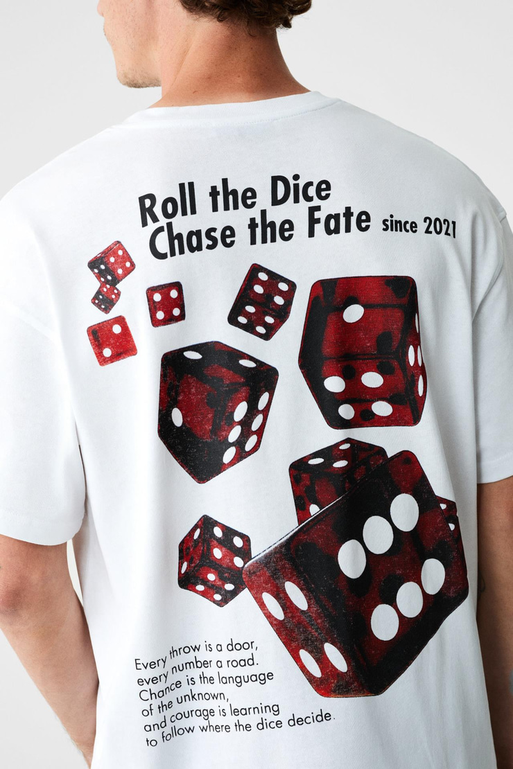 DADOS Erkek Göğüs Ve Sırt Baskılı %100 Organik Pamuklu Bisiklet Yakalı Beyaz T-Shirt