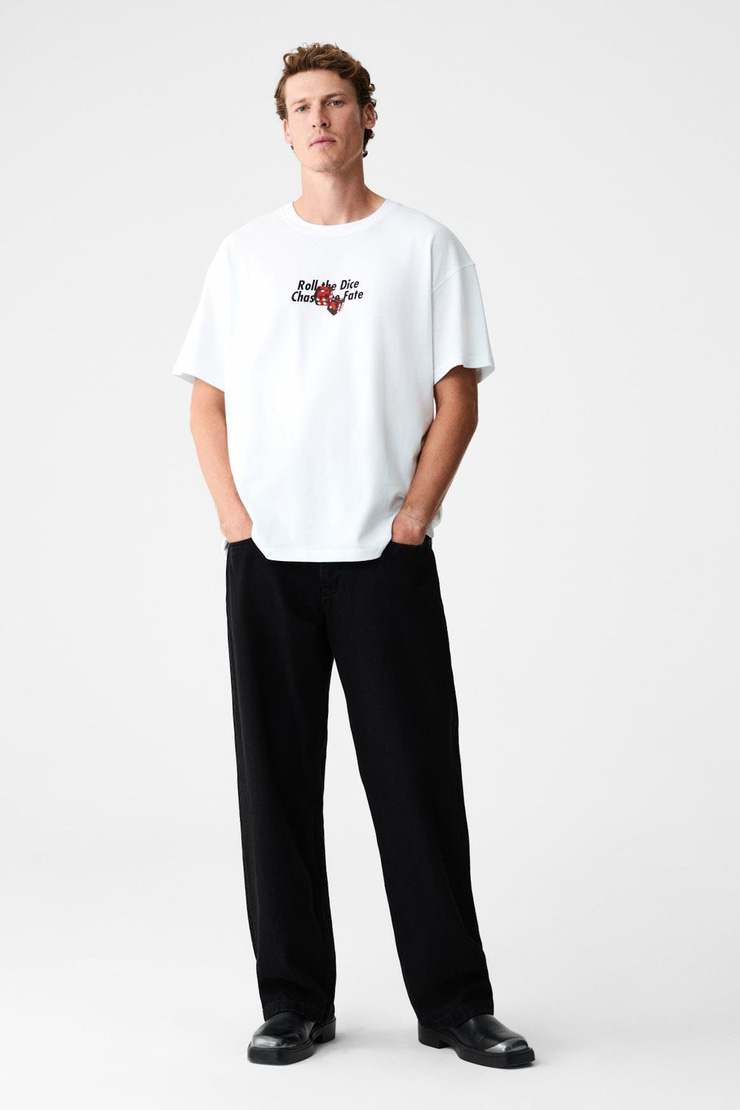 DADOS Erkek Göğüs Ve Sırt Baskılı %100 Organik Pamuklu Bisiklet Yakalı Beyaz T-Shirt