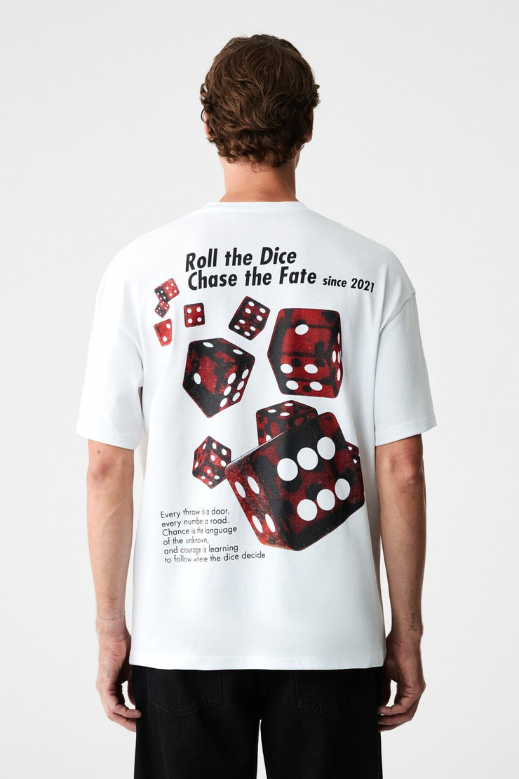 DADOS Erkek Göğüs Ve Sırt Baskılı %100 Organik Pamuklu Bisiklet Yakalı Beyaz T-Shirt