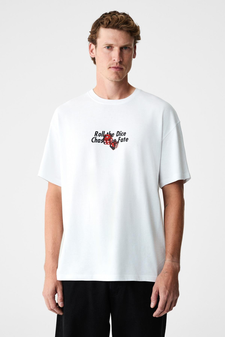 DADOS Erkek Göğüs Ve Sırt Baskılı %100 Organik Pamuklu Bisiklet Yakalı Beyaz T-Shirt