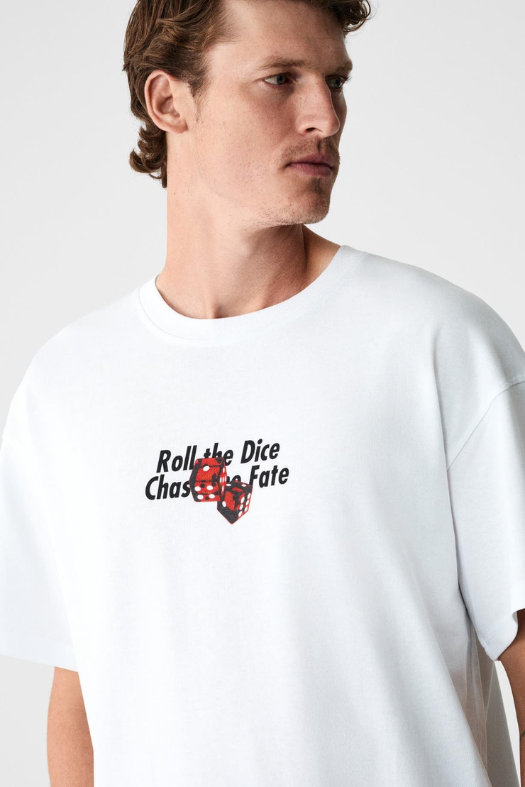 DADOS Erkek Göğüs Ve Sırt Baskılı %100 Organik Pamuklu Bisiklet Yakalı Beyaz T-Shirt