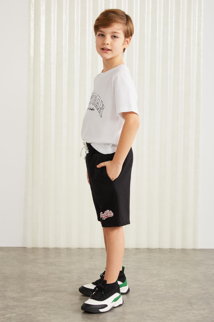 DARVELL-GRM24007 100% pamuk baskılı erkek çocuk şort Siyah Şort