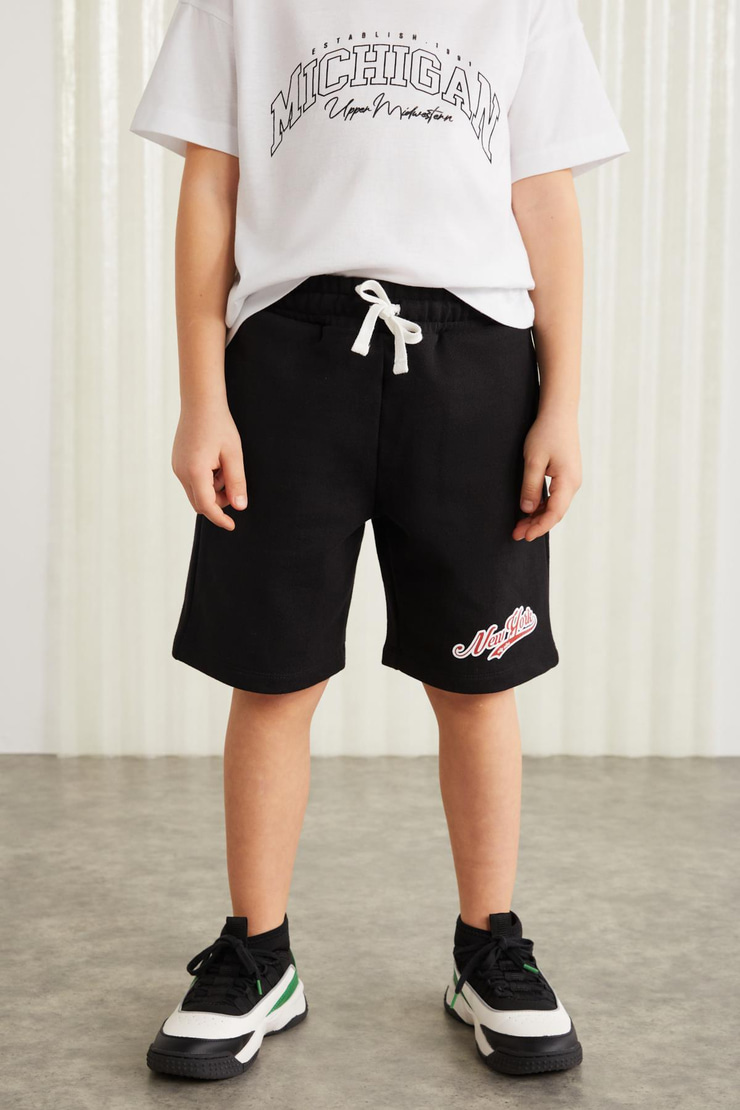 DARVELL-GRM24007 100% pamuk baskılı erkek çocuk şort Siyah Şort