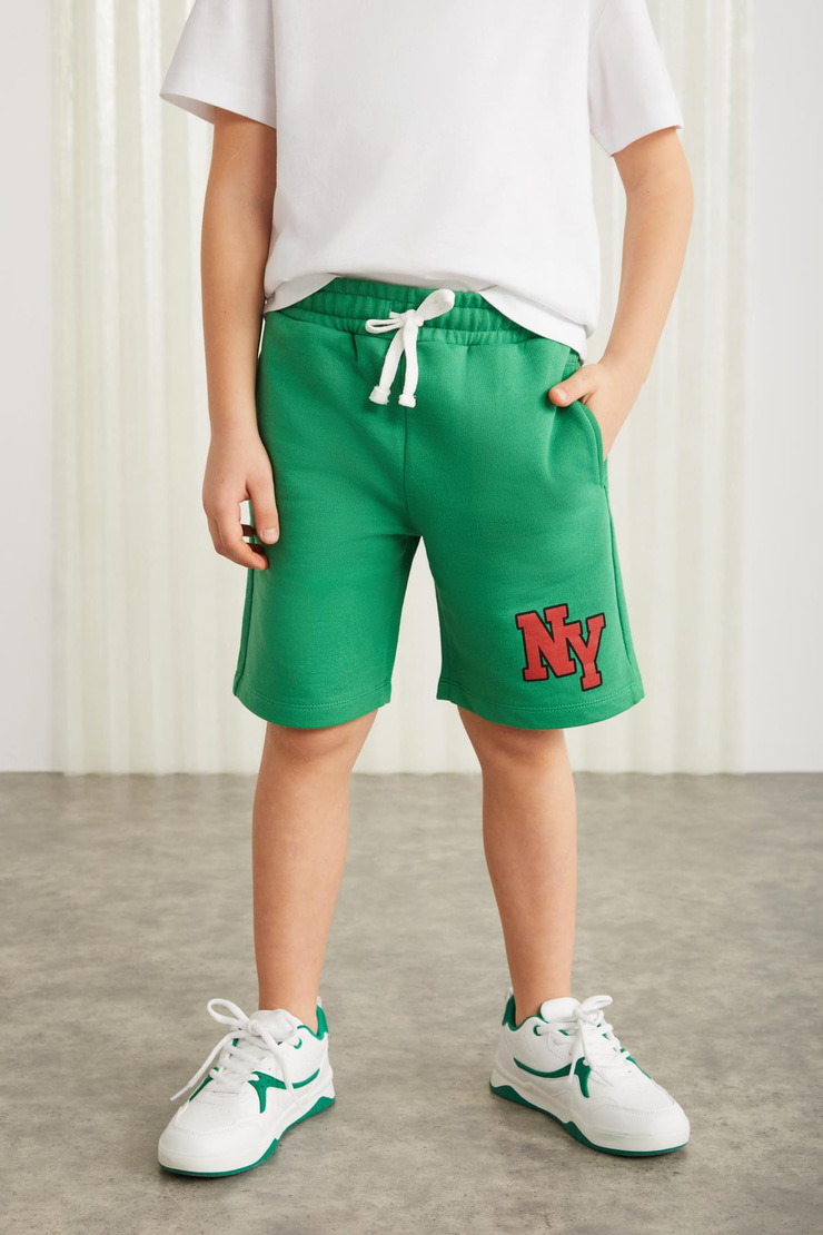 DARVELL-GRM24007 100% pamuk baskılı erkek çocuk şort Benetton Yeşili Şort