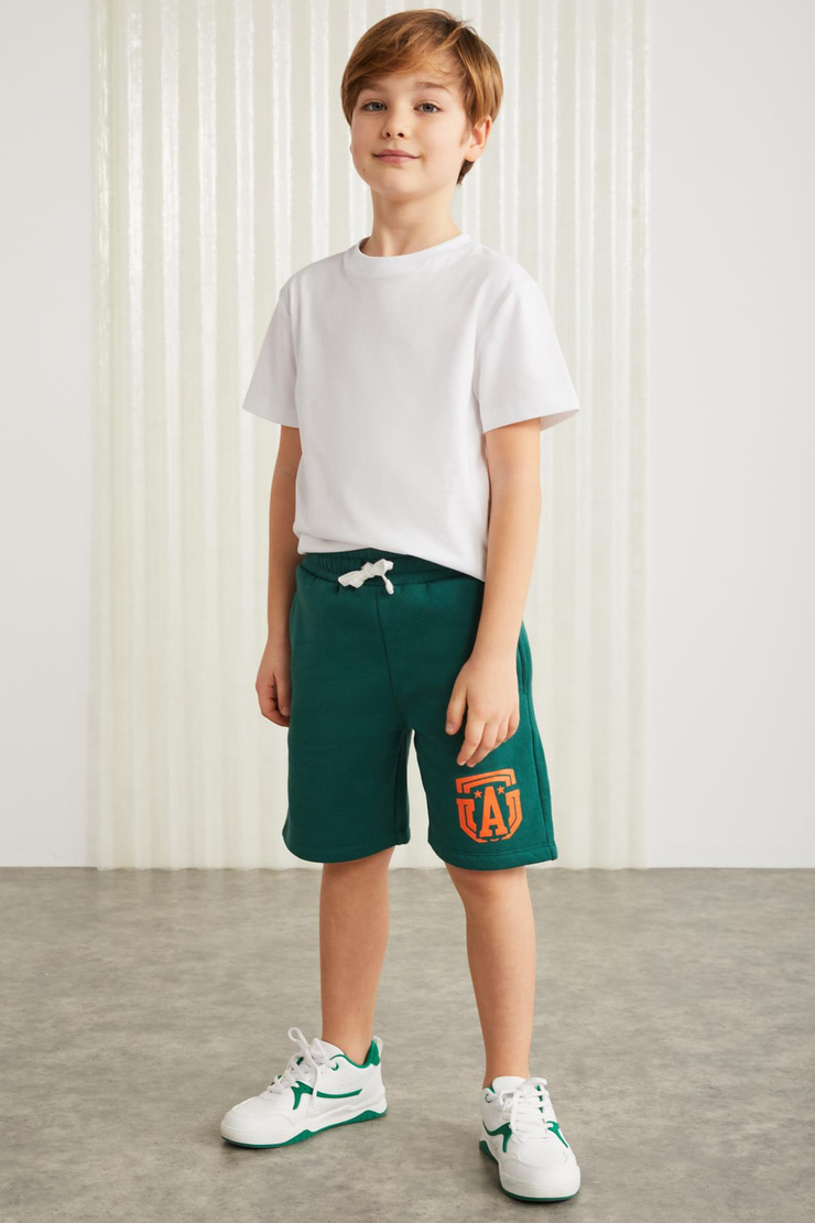 DARVELL-GRM24007 100% pamuk baskılı erkek çocuk şort Yeşil Şort