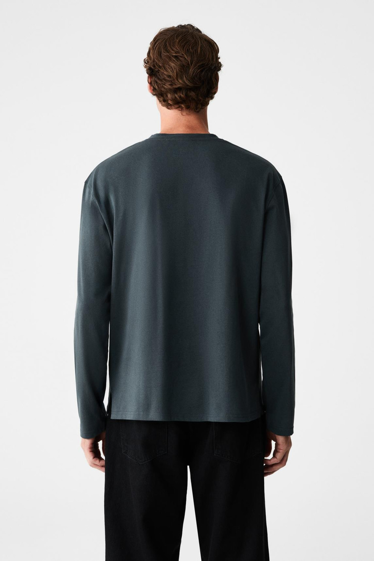 DAVIDSON Erkek Baskılı %100 Organik Pamuklu Bisiklet Yaka Oversize Uzun Kollu Antrasit T-Shirt