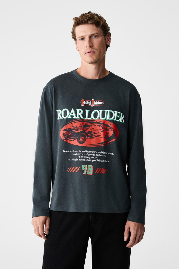 DAVIDSON Erkek Baskılı %100 Organik Pamuklu Bisiklet Yaka Oversize Uzun Kollu Antrasit T-Shirt