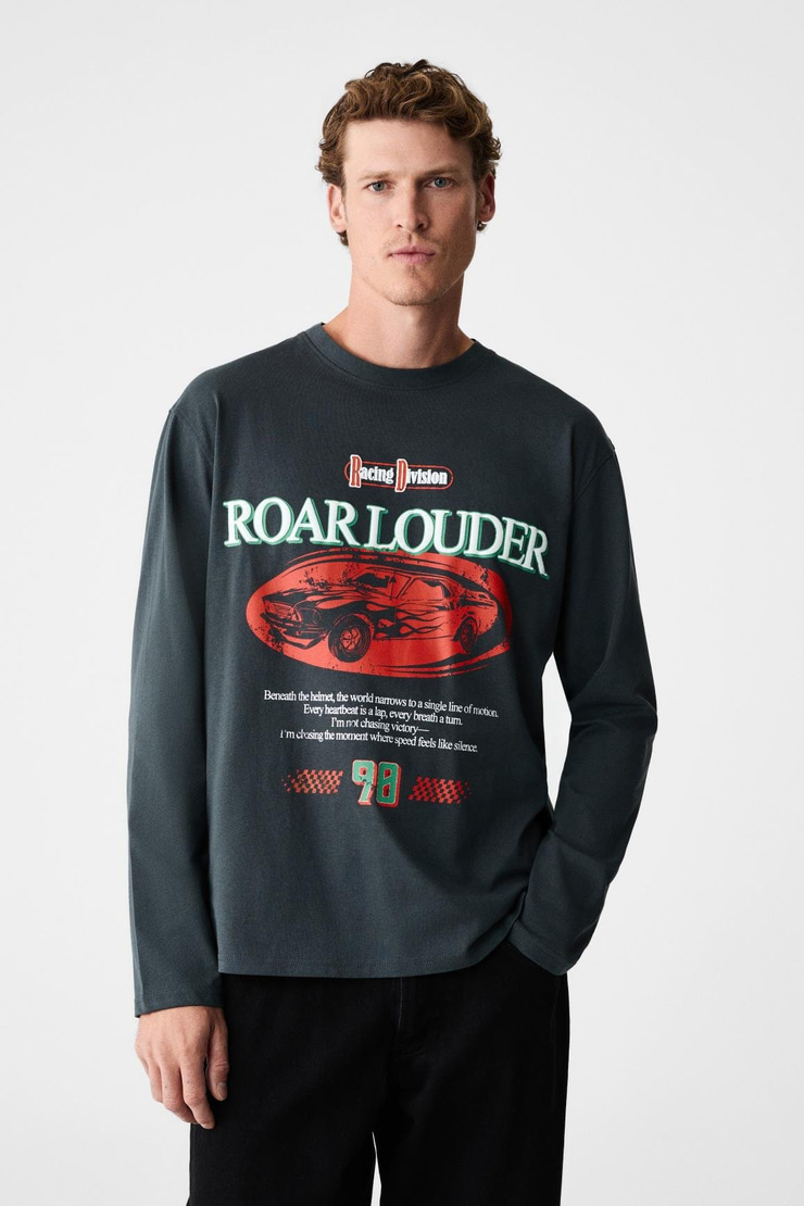 DAVIDSON Erkek Baskılı %100 Organik Pamuklu Bisiklet Yaka Oversize Uzun Kollu Antrasit T-Shirt