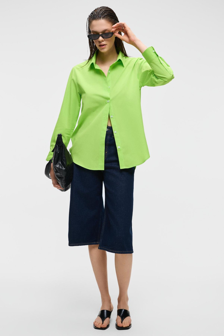 DELFINO Kadın Oversize %100 Organik Pamuk Uzun Kollu İnce Uzun Fıstık Yeşili Gömlek