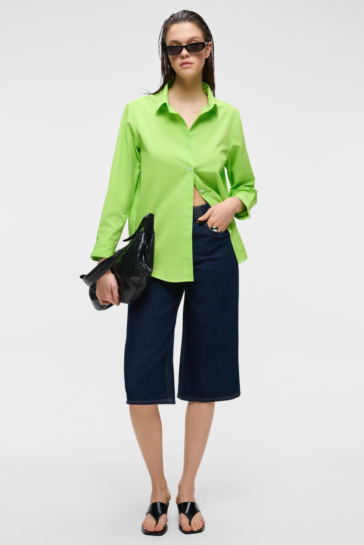 DELFINO Kadın Oversize %100 Organik Pamuk Uzun Kollu İnce Uzun Fıstık Yeşili Gömlek