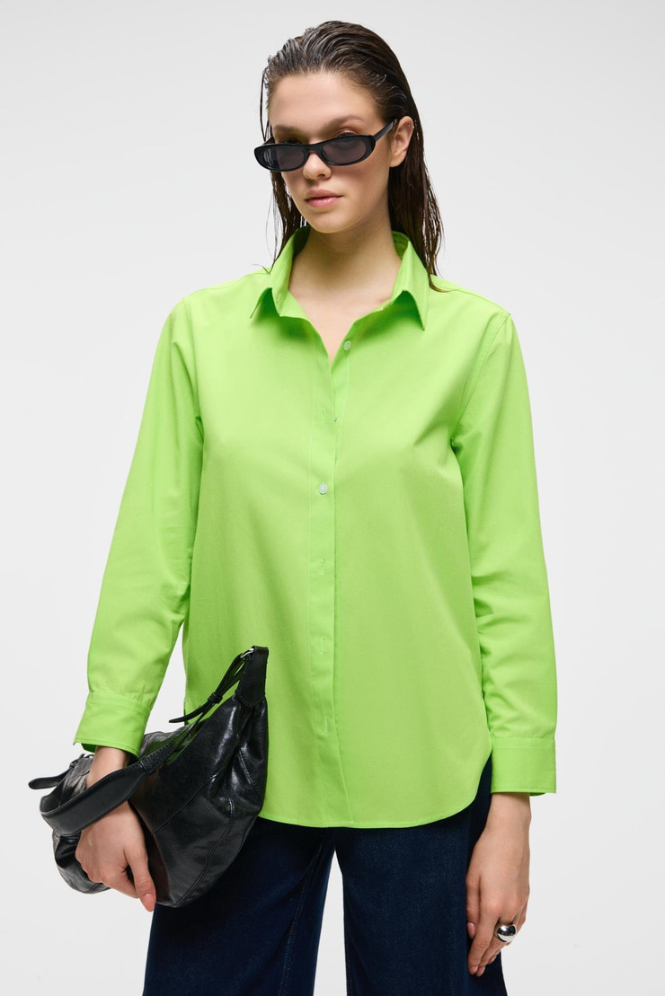 DELFINO Kadın Oversize %100 Organik Pamuk Uzun Kollu İnce Uzun Fıstık Yeşili Gömlek