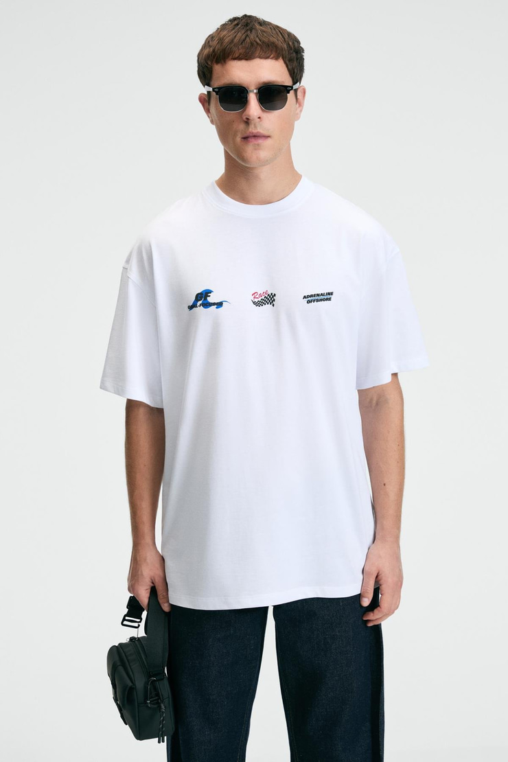 DELIGHT Erkek %100 Pamuk Oversize Fit Baskılı Kısa Kollu Yuvarlak Yakalı Beyaz T-Shirt