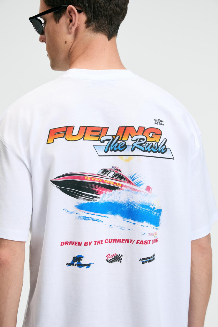 DELIGHT Erkek %100 Pamuk Oversize Fit Baskılı Kısa Kollu Yuvarlak Yakalı Beyaz T-Shirt