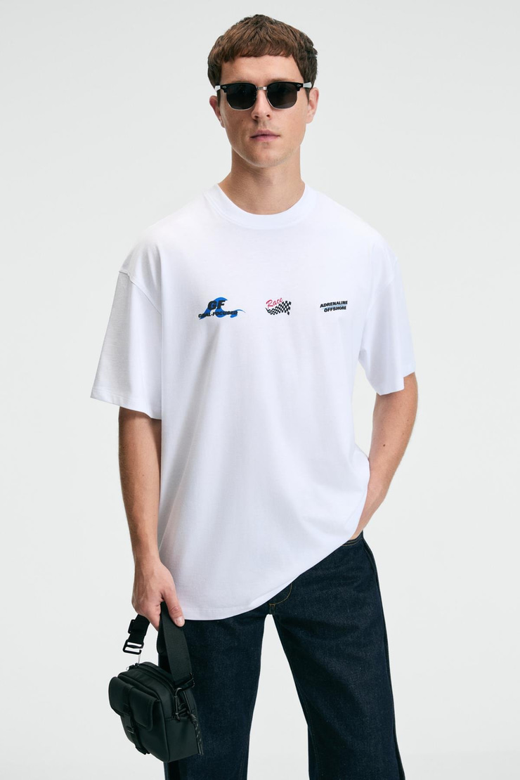 DELIGHT Erkek %100 Pamuk Oversize Fit Baskılı Kısa Kollu Yuvarlak Yakalı Beyaz T-Shirt