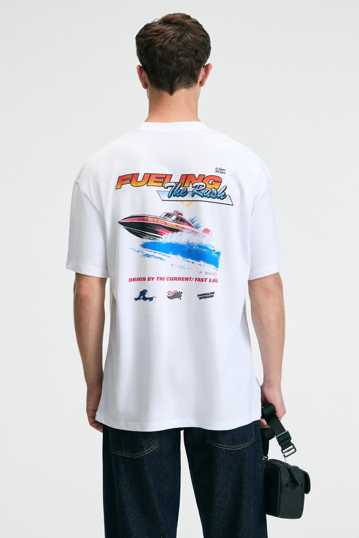 DELIGHT Erkek %100 Pamuk Oversize Fit Baskılı Kısa Kollu Yuvarlak Yakalı Beyaz T-Shirt