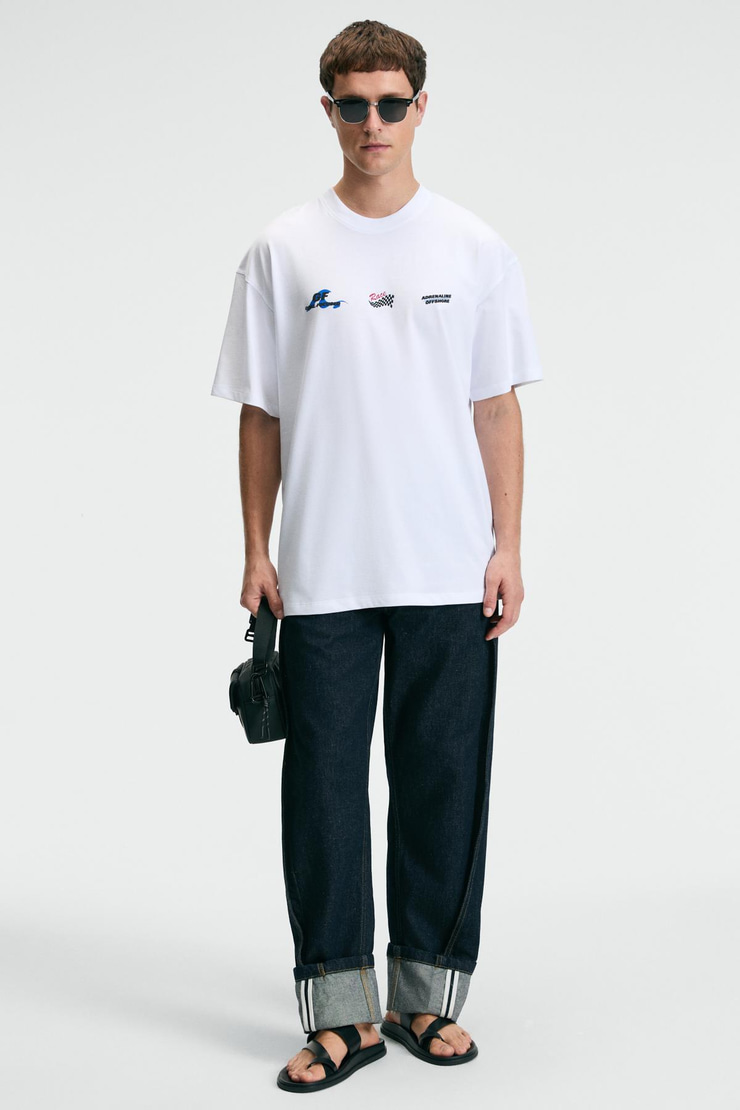 DELIGHT Erkek %100 Pamuk Oversize Fit Baskılı Kısa Kollu Yuvarlak Yakalı Beyaz T-Shirt