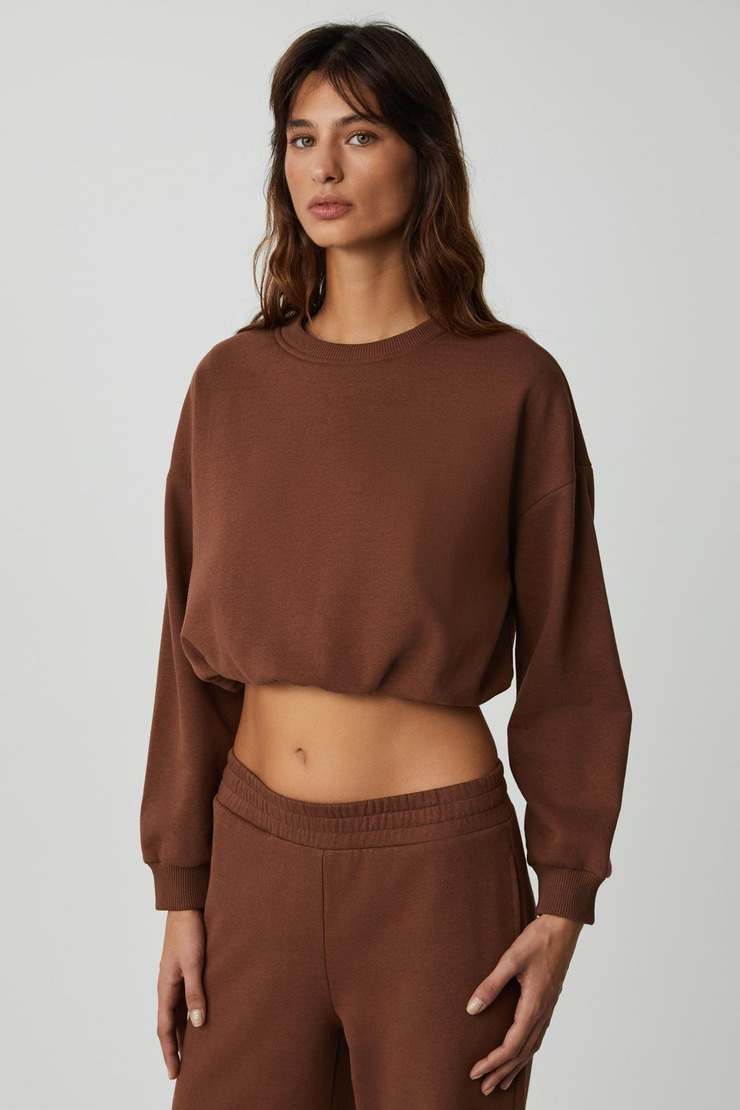 DEWANNA Kadın Uzun Kollu Crop Acı Kahve Eşofman Takımı