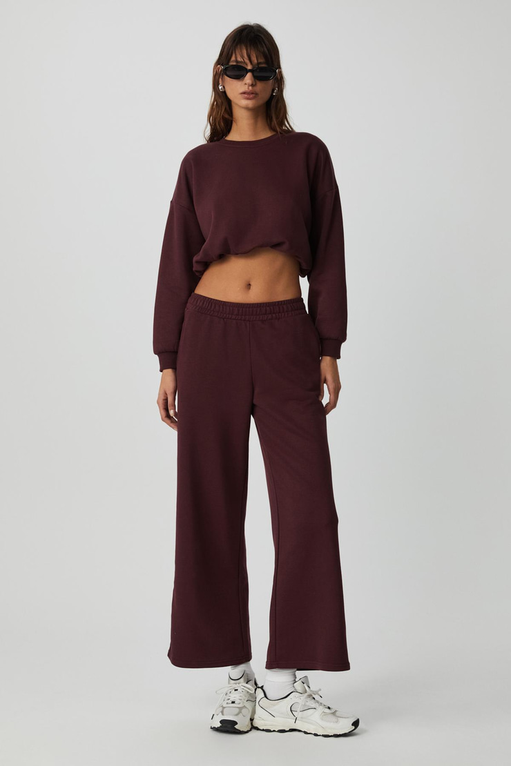 DEWANNA Kadın Uzun Kollu Crop Bordo Eşofman Takımı