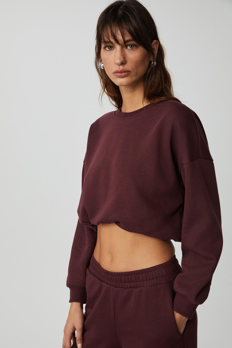 DEWANNA Kadın Uzun Kollu Crop Bordo Eşofman Takımı