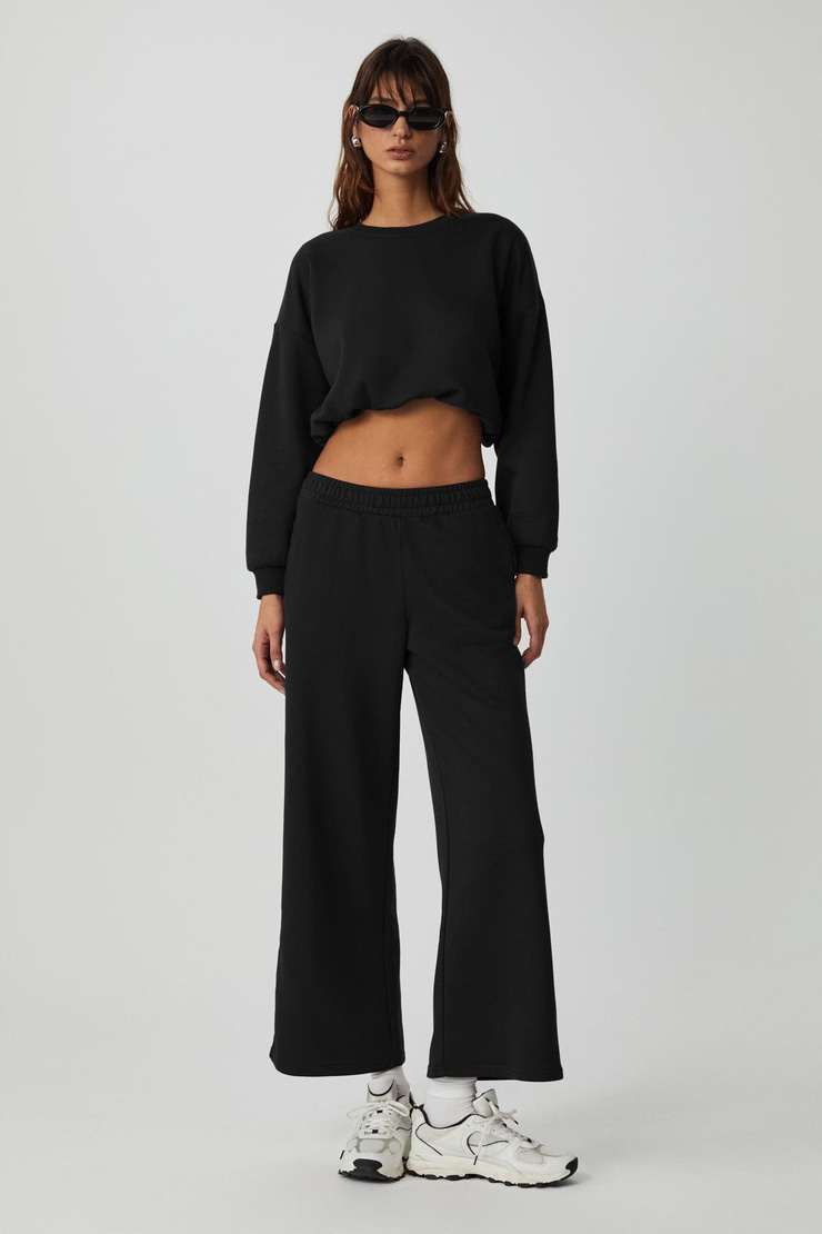 DEWANNA Kadın Uzun Kollu Crop Siyah Eşofman Takımı