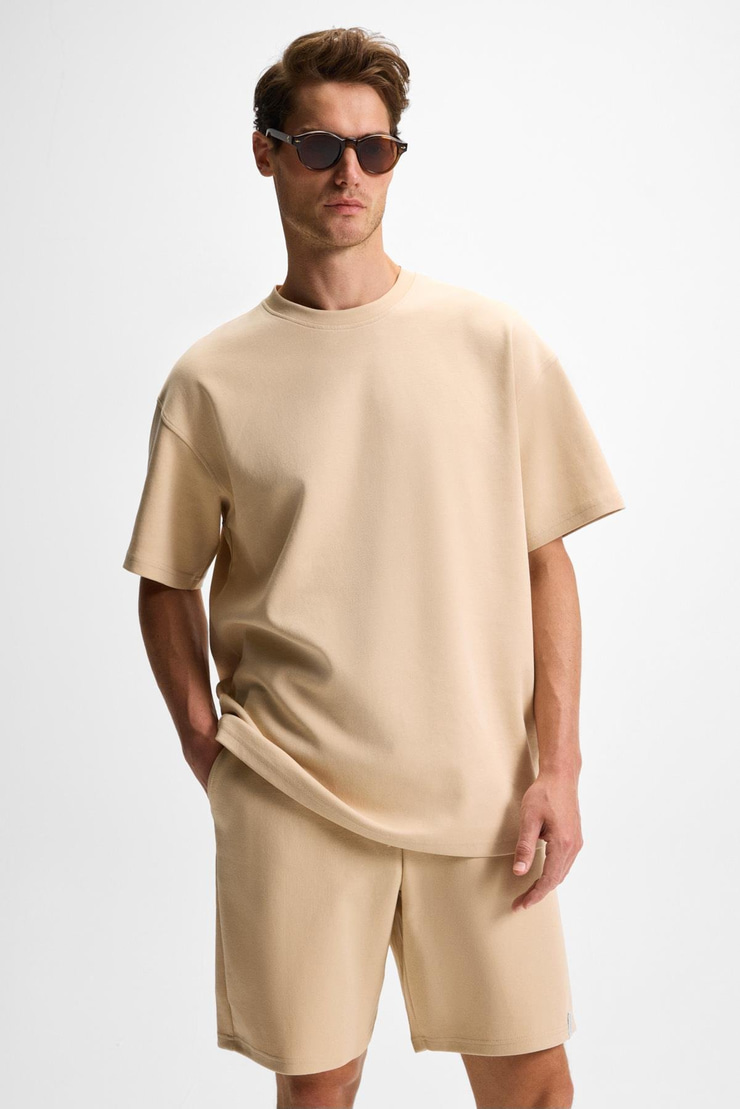 DONYEL Erkek Bisiklet Yaka Kısa Kol Regular Bej T-Shirt