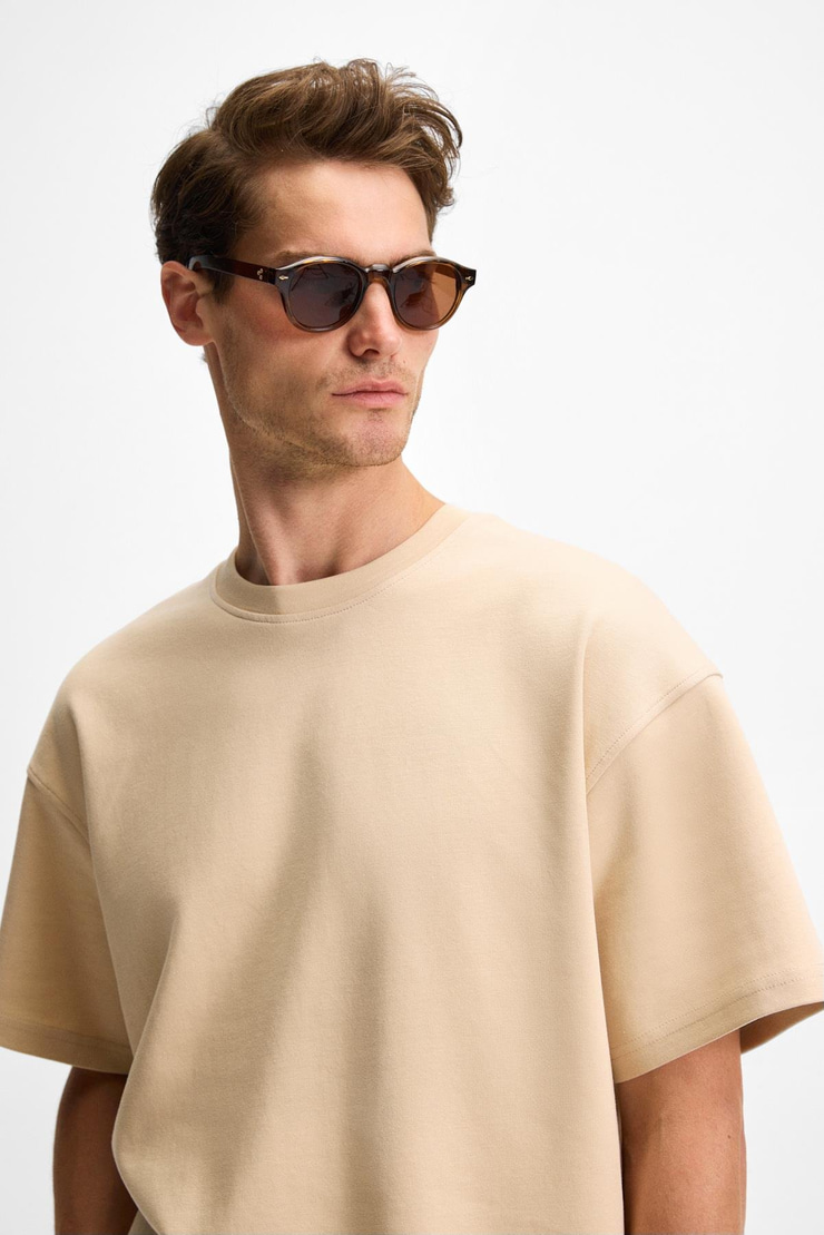 DONYEL Erkek Bisiklet Yaka Kısa Kol Regular Bej T-Shirt