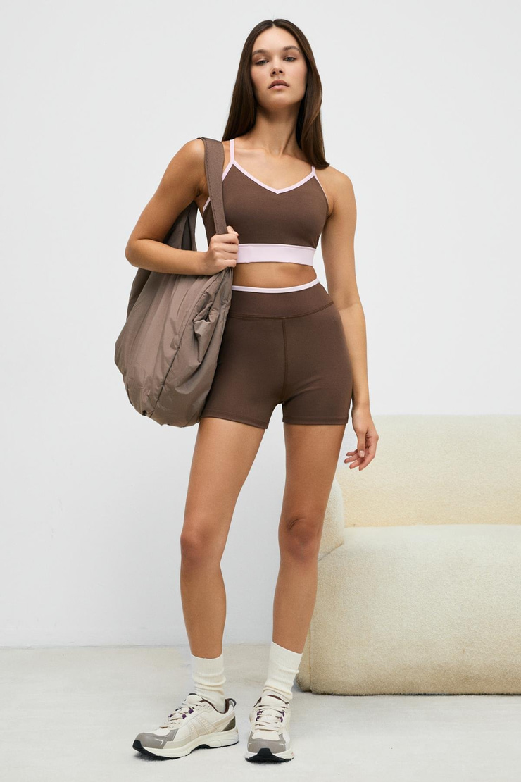 DOSHORIX Kadın Esnek Ve Yumuşak Dokulu Kontrast Biyeli Kısa Koyu Kahverengi Tayt