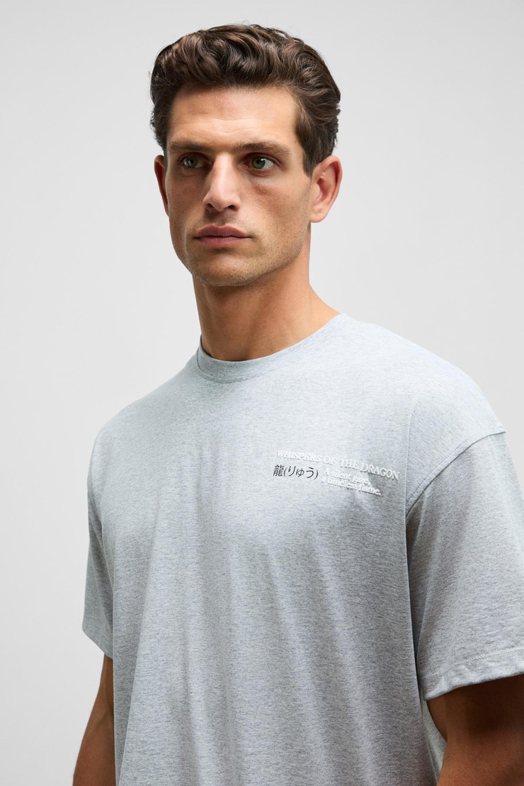 DRAGON Erkek Göğsü Ve Sırtı Baskılı %100 Organik Pamuk Oversize Fit Bisiklet Yaka Grimelanj T-Shirt