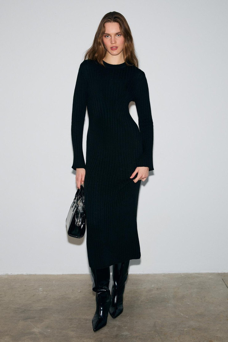 DUENDE Kadın Yuvarlak Yaka Çizgi Desenli Slim Fit Triko Siyah Elbise