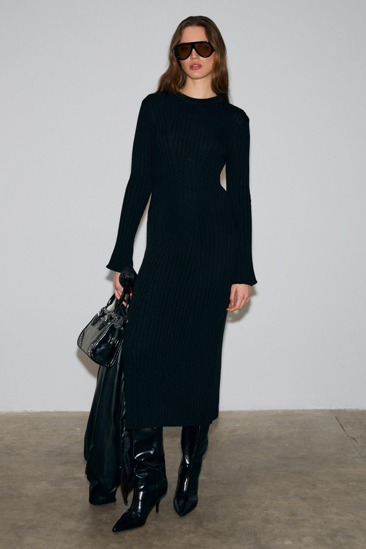 DUENDE Kadın Yuvarlak Yaka Çizgi Desenli Slim Fit Triko Siyah Elbise