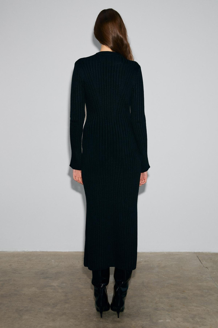 DUENDE Kadın Yuvarlak Yaka Çizgi Desenli Slim Fit Triko Siyah Elbise