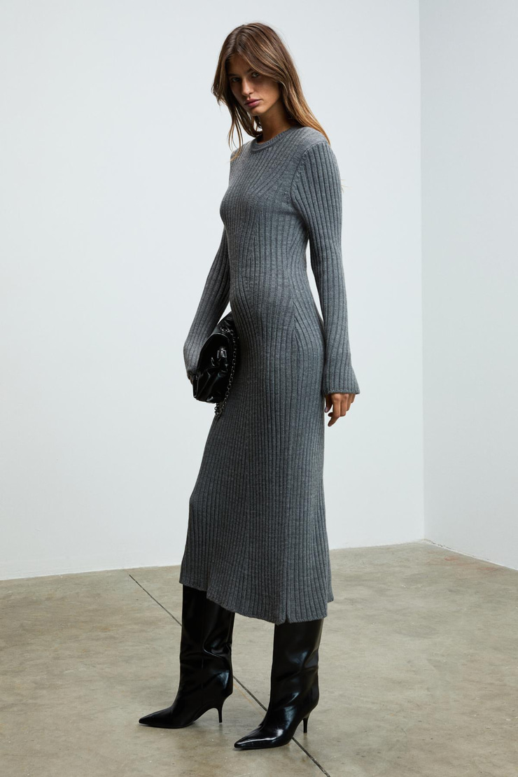 DUENDE Kadın Yuvarlak Yaka Çizgi Desenli Slim Fit Triko Grimelanj Elbise