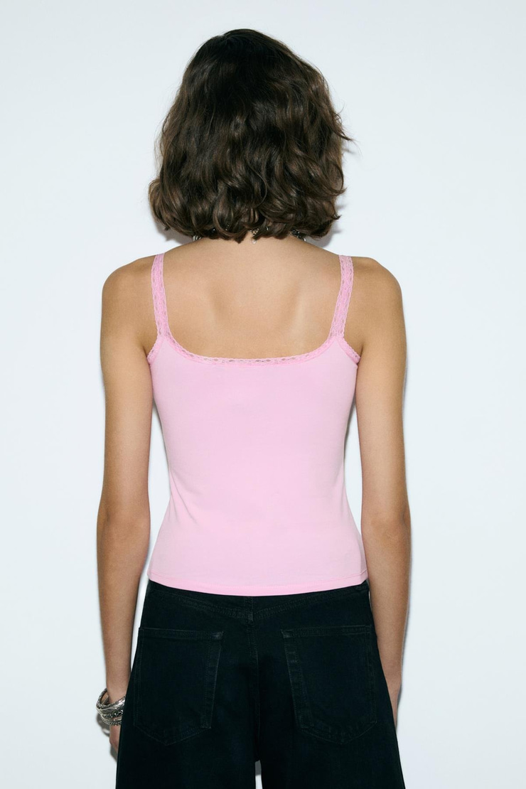 DULCINA Dantel Detaylı Yumuşak Ve Esnek Kumaşlı Slim Fit Askılı Pembe Bluz