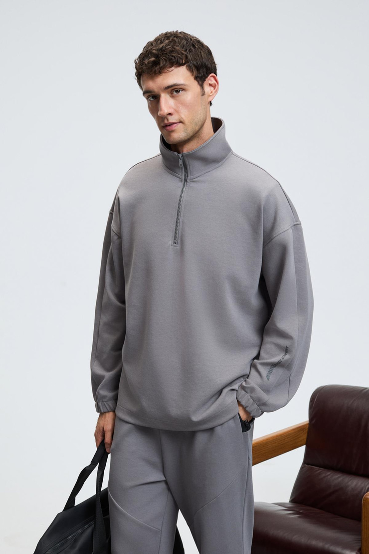 EDISON Erkek Yarım Fermuarlı Kolu Baskılı Dik Yaka Koyu Gri Sweatshirt