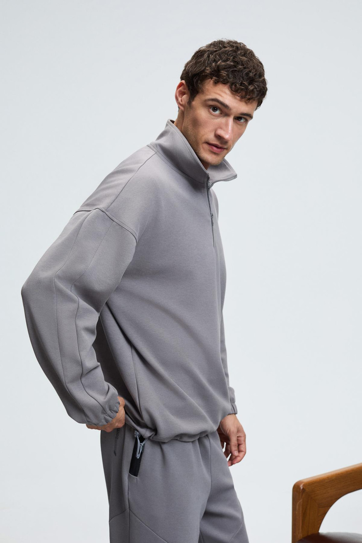 EDISON Erkek Yarım Fermuarlı Kolu Baskılı Dik Yaka Koyu Gri Sweatshirt