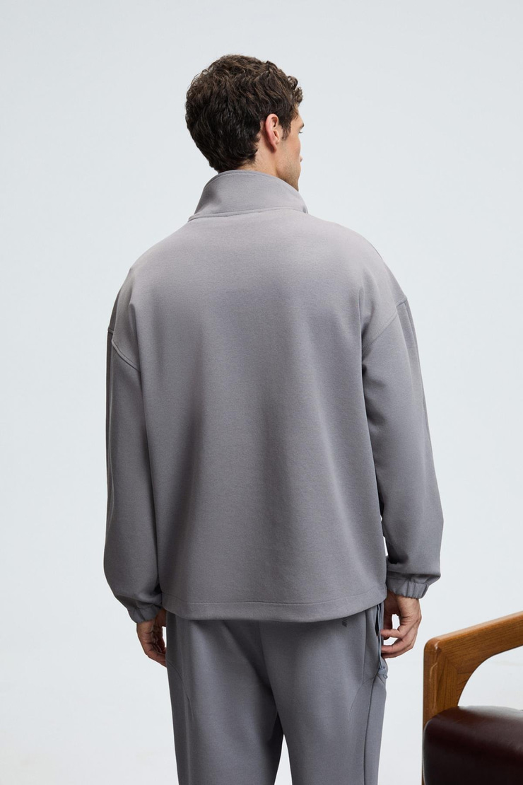 EDISON Erkek Yarım Fermuarlı Kolu Baskılı Dik Yaka Koyu Gri Sweatshirt