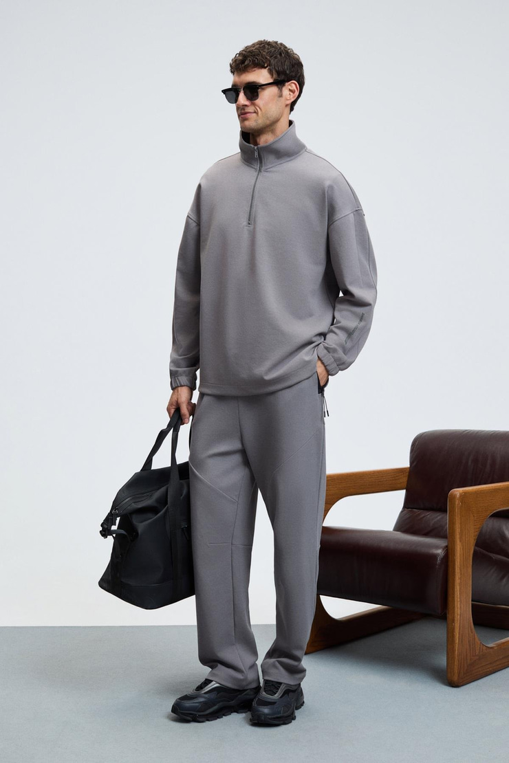 EDISON Erkek Yarım Fermuarlı Kolu Baskılı Dik Yaka Koyu Gri Sweatshirt