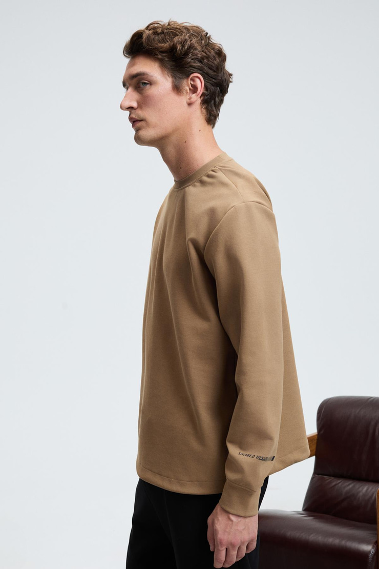 EDMUND Erkek Kolu Baskılı Eteği Lastik ve Stoperli Bisiklet Yaka Vizon Sweatshirt