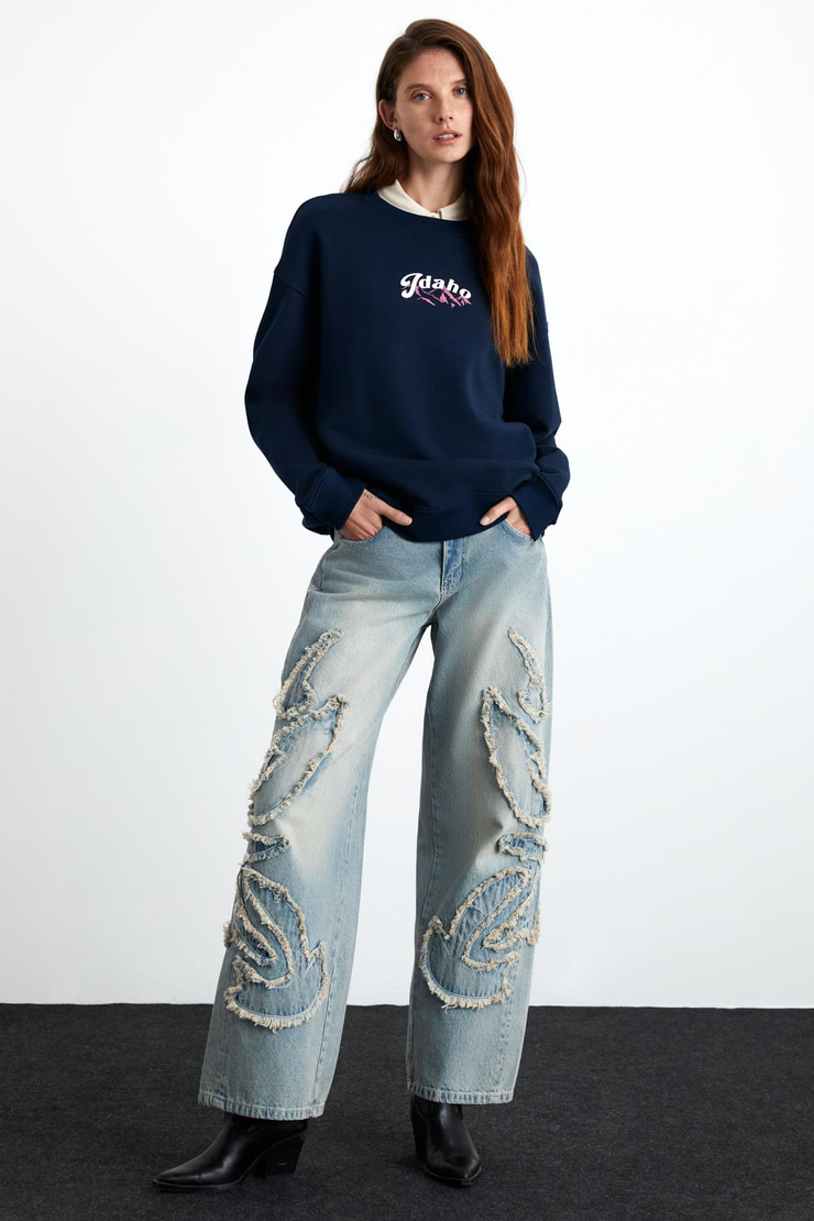 ELINAY Kadın Pamuk-Polyester Koyu Mavi Kazak