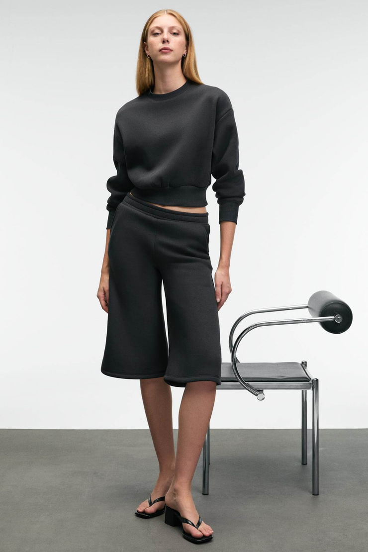 ELPIHRA Kadın Oversize Beli Lastikli Çift Cepli Antrasit Şort & Bermuda