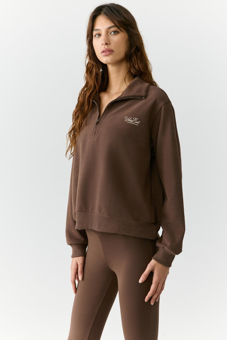 EMIYA Kadın Dik Yaka Fermuarlı Relaxed Kahverengi Sweatshirt