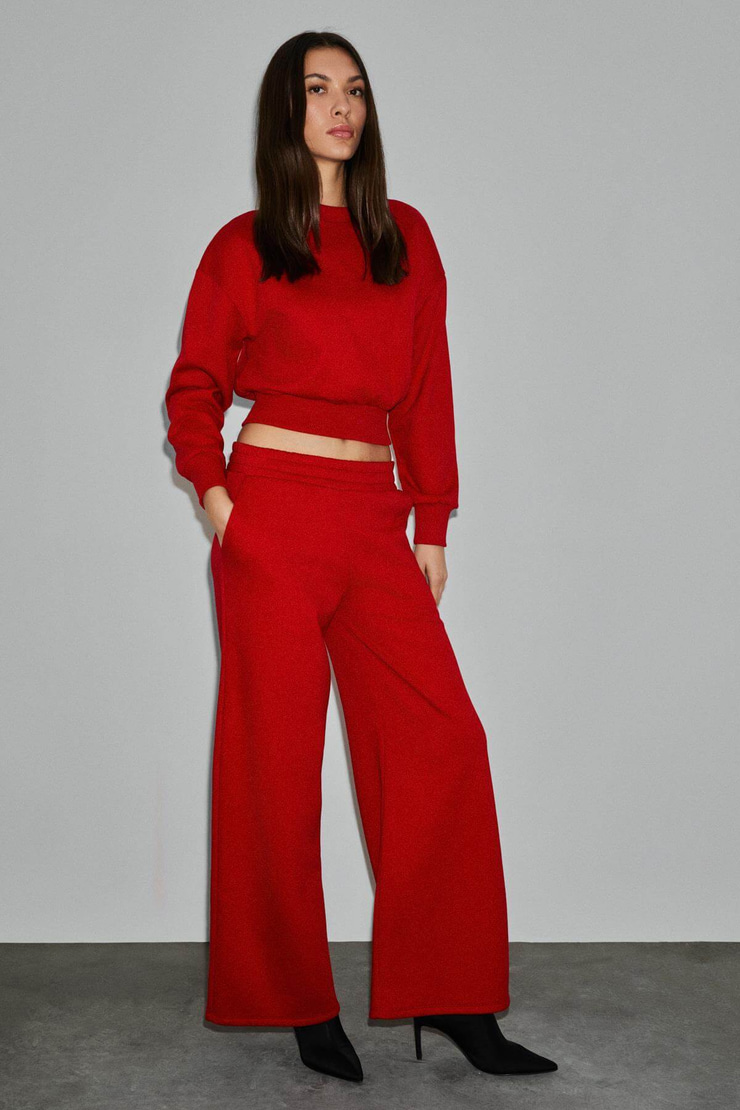 ENAVIE Kadın Oversize Beli Lastikli Çift Cepli Kırmızı Eşofman Altı