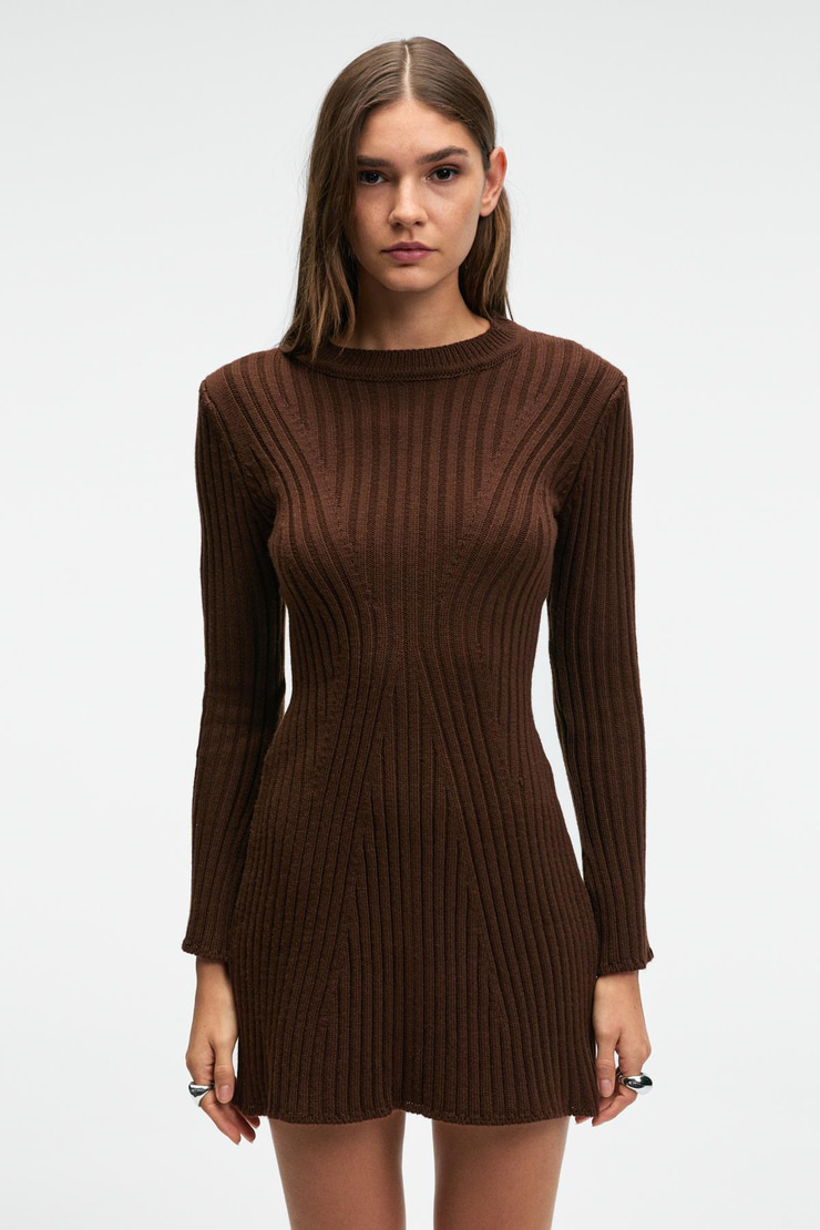 ENCANTO Kadın Yuvarlak Yaka Çizgi Desenli Parmak Geçme Detaylı Slim Fit Kahverengi Elbise