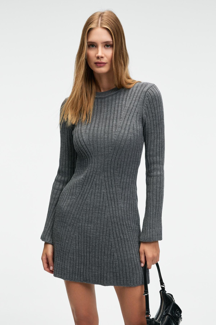 ENCANTO Kadın Yuvarlak Yaka Çizgi Desenli Parmak Geçme Detaylı Slim Fit Antrasit Elbise