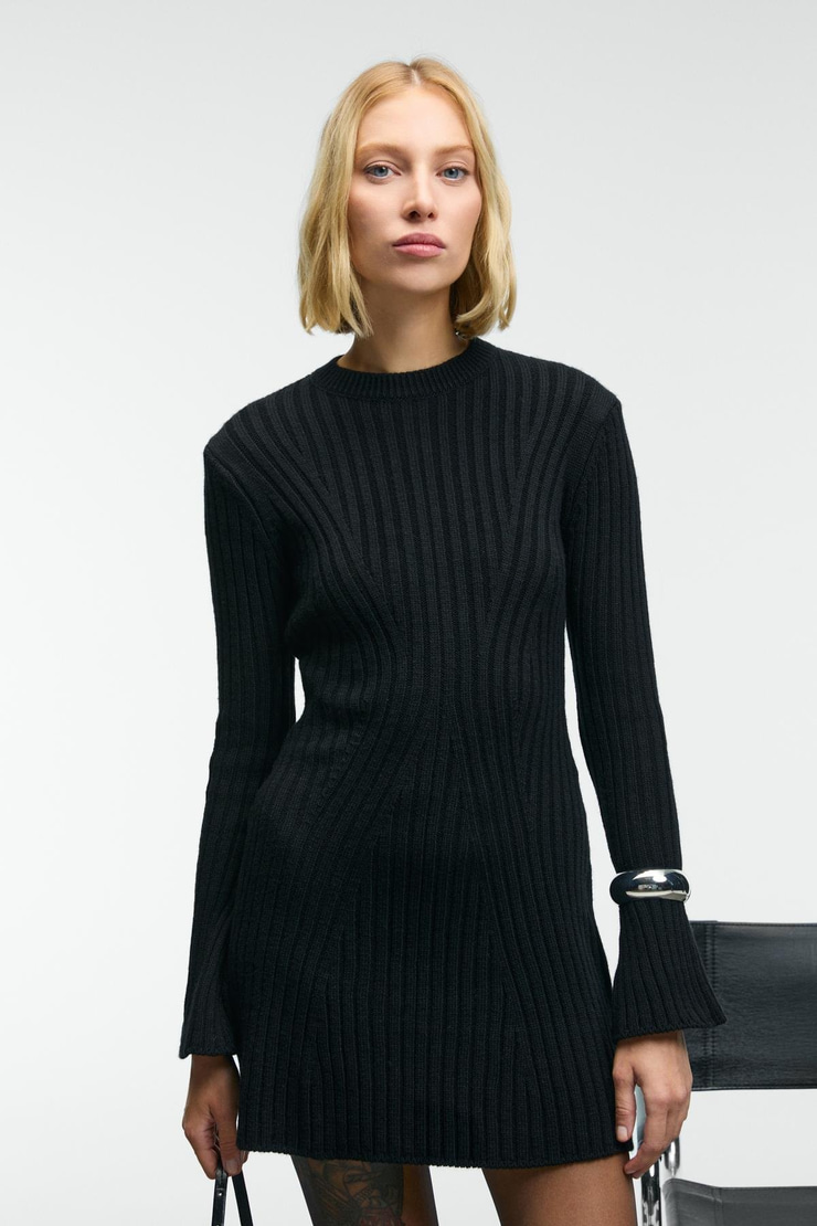 ENCANTO Kadın Yuvarlak Yaka Çizgi Desenli Parmak Geçme Detaylı Slim Fit Siyah Elbise