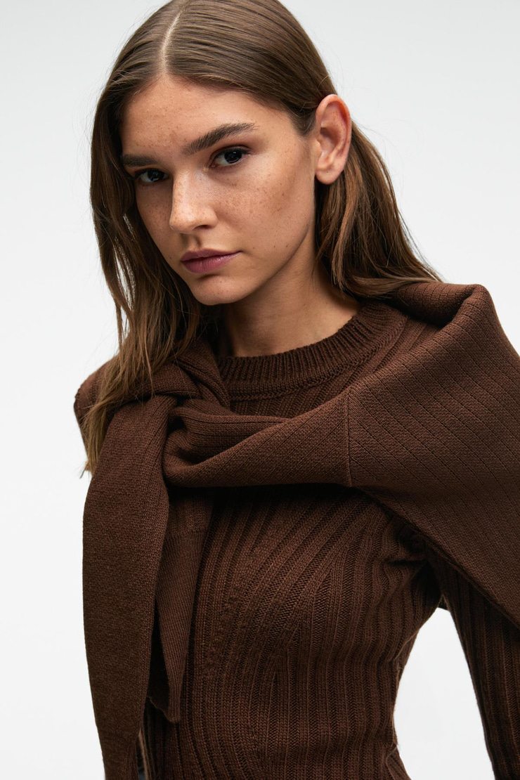 ENCANTO Kadın Yuvarlak Yaka Çizgi Desenli Parmak Geçme Detaylı Slim Fit Kahverengi Elbise