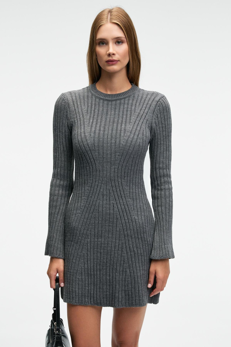 ENCANTO Kadın Yuvarlak Yaka Çizgi Desenli Parmak Geçme Detaylı Slim Fit Antrasit Elbise