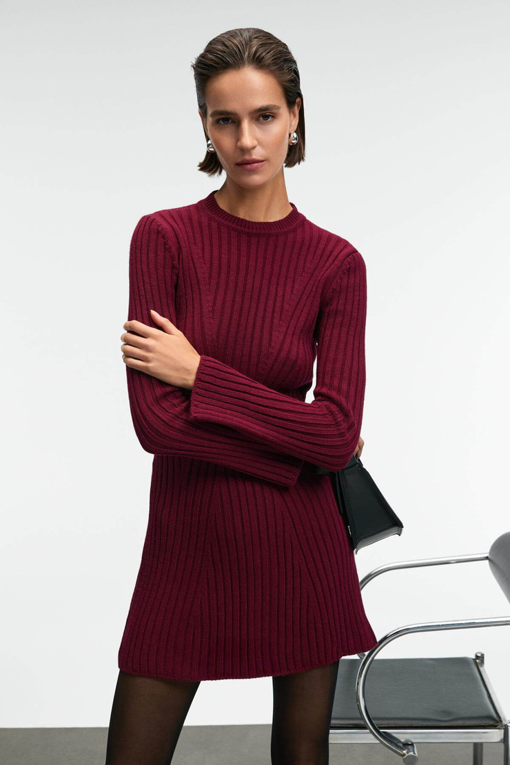 ENCANTO Kadın Yuvarlak Yaka Çizgi Desenli Slim Fit Bordo Elbise